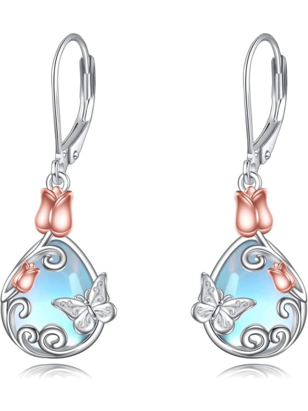 Elegant Teardrop Dangle Earrings | 925 Sterling Silver Moonstone Flower Design